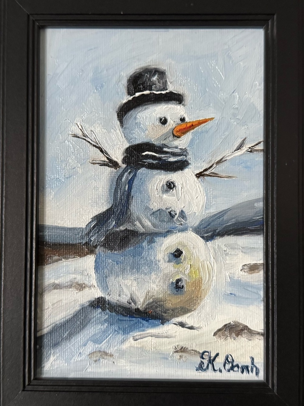 Original oil painting snowman winter landscape signed framed 4x6 inches